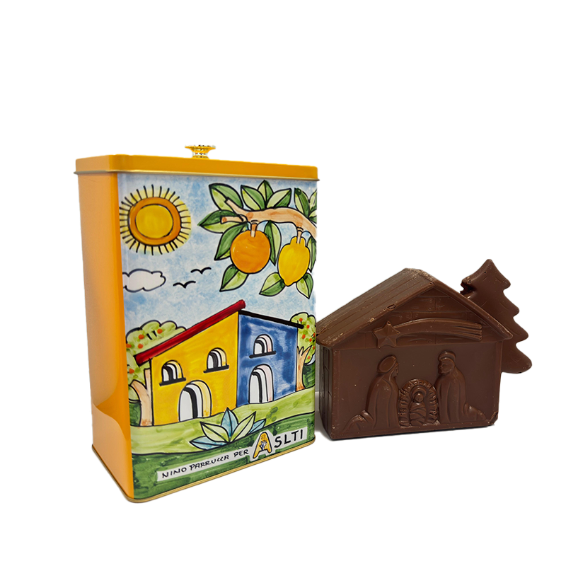 Biscottiera in latta - con presepe di cioccolata - immagine 2